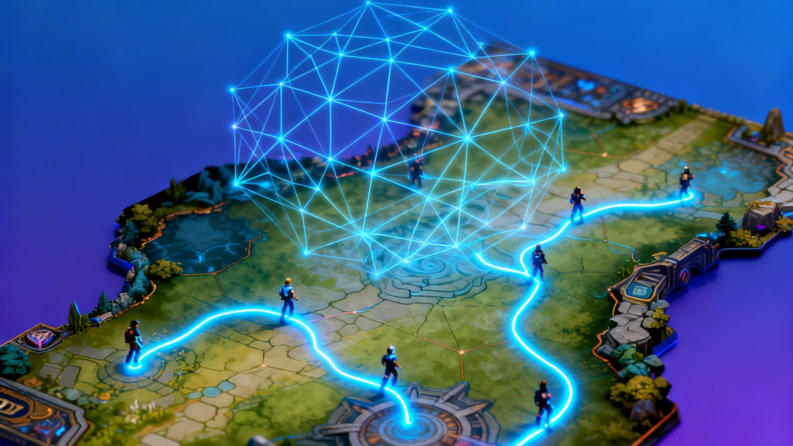 AI电竞数据分析专题封面，展示神经网络可视化图案叠加在Dota 2小地图上，用发光的路径标示选手的移动模式，科技感强烈。