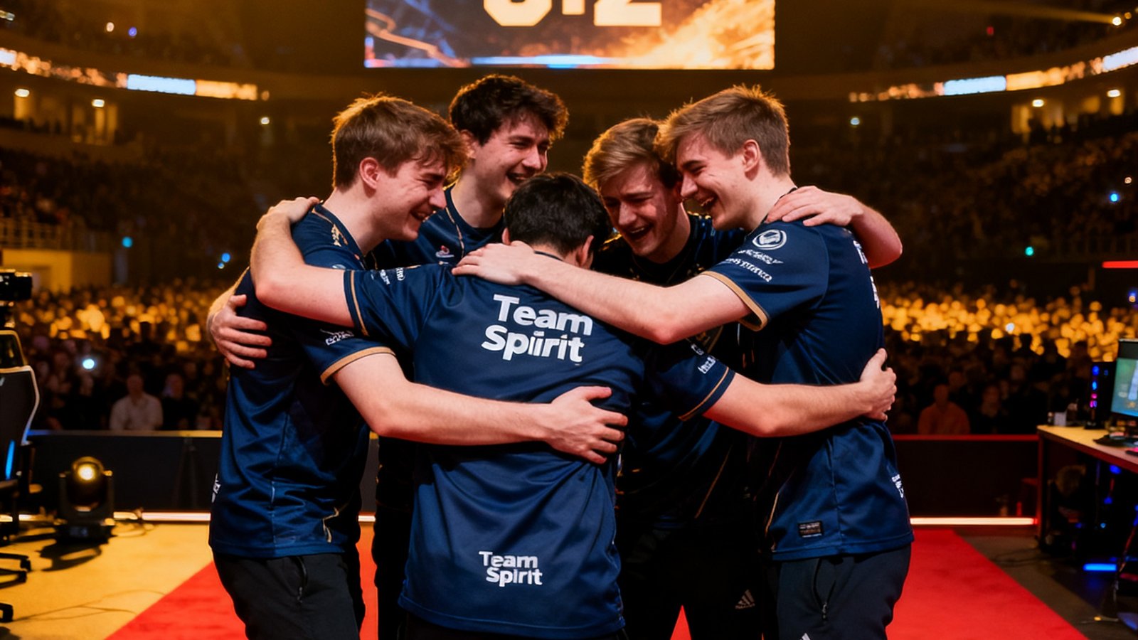 2021年Dota 2国际邀请赛TI10决赛现场，Team Spirit战队五名选手在罗马尼亚布加勒斯特国家体育馆内相拥而泣，背景大屏幕显示3:2的比分，这支从预选赛杀出的黑马完成了电竞史上最不可思议的逆袭。
