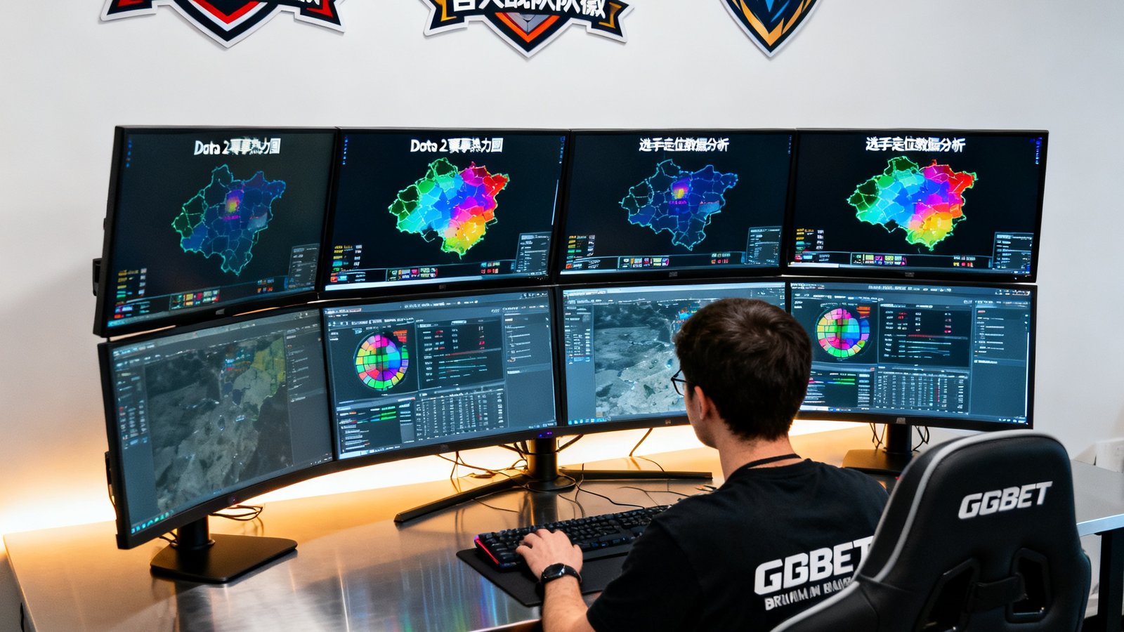 GGBET柏林数据实验室内景，一名数据工程师坐在由六块曲面显示器组成的工位前，屏幕上展示着Dota 2赛事的热力图和选手走位数据分析，墙面挂着各大战队的队徽装饰。
