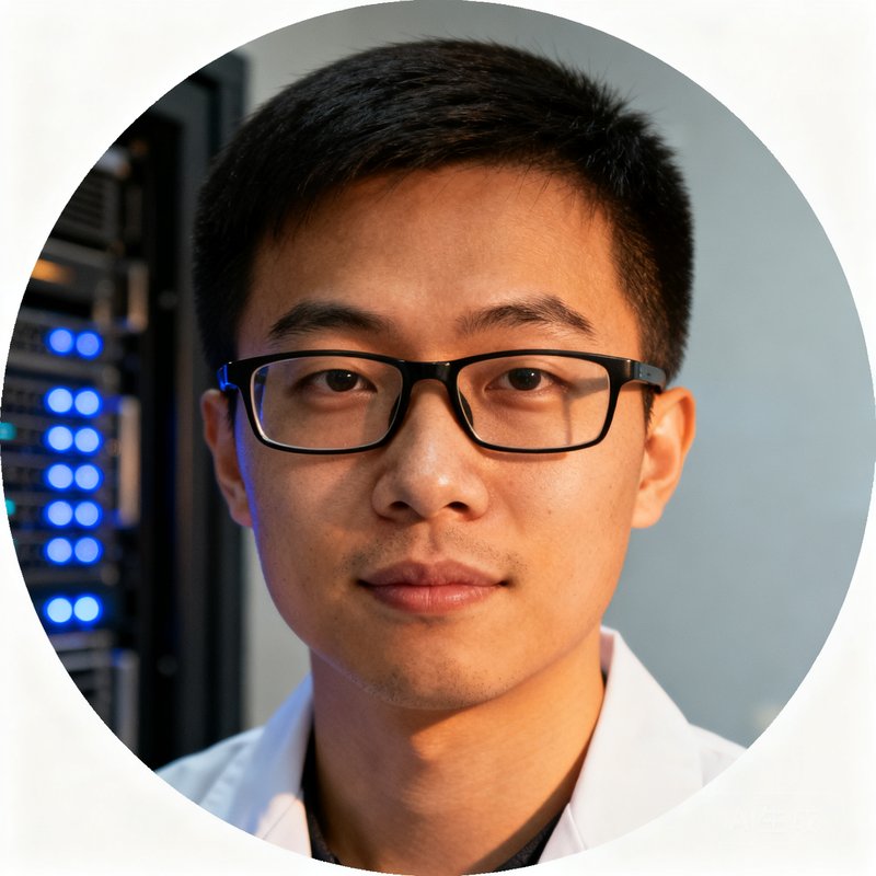 陈志远圆形头像，一位戴黑框眼镜的华裔男性数据科学家，短发利落，身着白色实验室外套，身后隐约可见服务器机柜的蓝色指示灯。