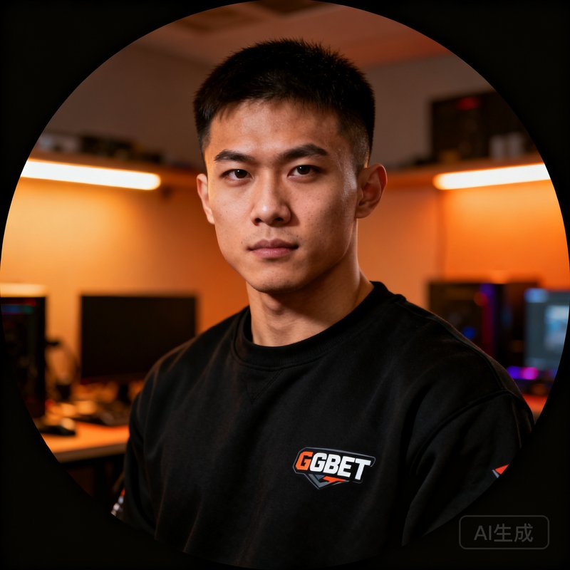 李晓峰圆形头像，一位身材健硕的亚洲男性前职业电竞选手，短发精干，眼神锐利，身穿印有GGBET标识的黑色卫衣，背景为训练室的暖色灯光。